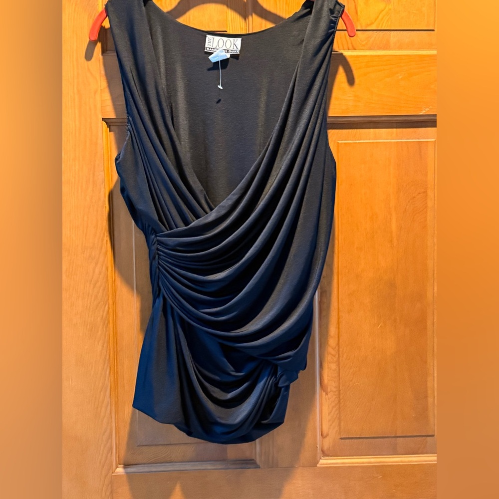Randolph Duke Black Draped Ruching Women's Blouse Sleeveless